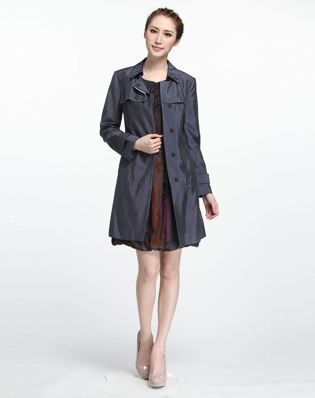 藏蓝色翻领休闲长袖长款风衣