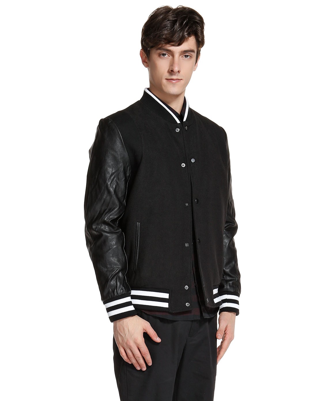 摩高mogao男女装黑色男装针织布拼皮棒球服夹克851141047999黑色_唯品