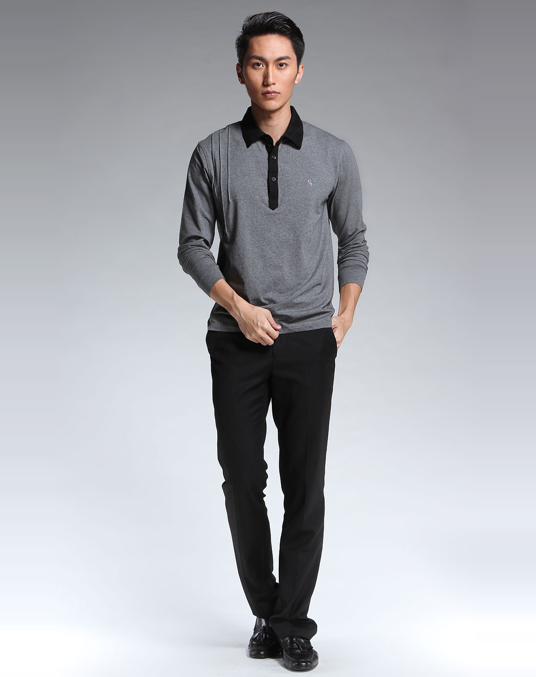灰色简约长袖polo衫