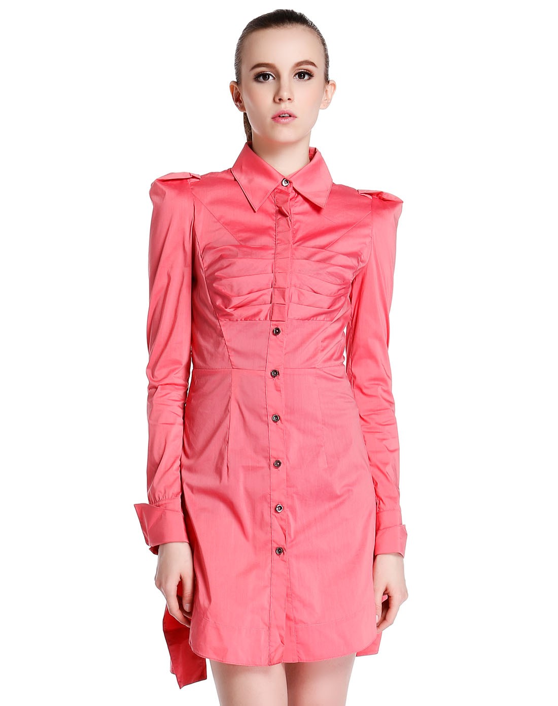 洋红色翻领通勤素雅长袖长款上衣