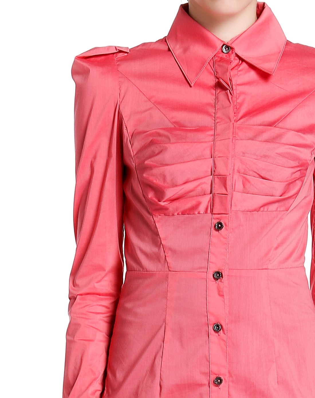 洋红色翻领通勤素雅长袖长款上衣