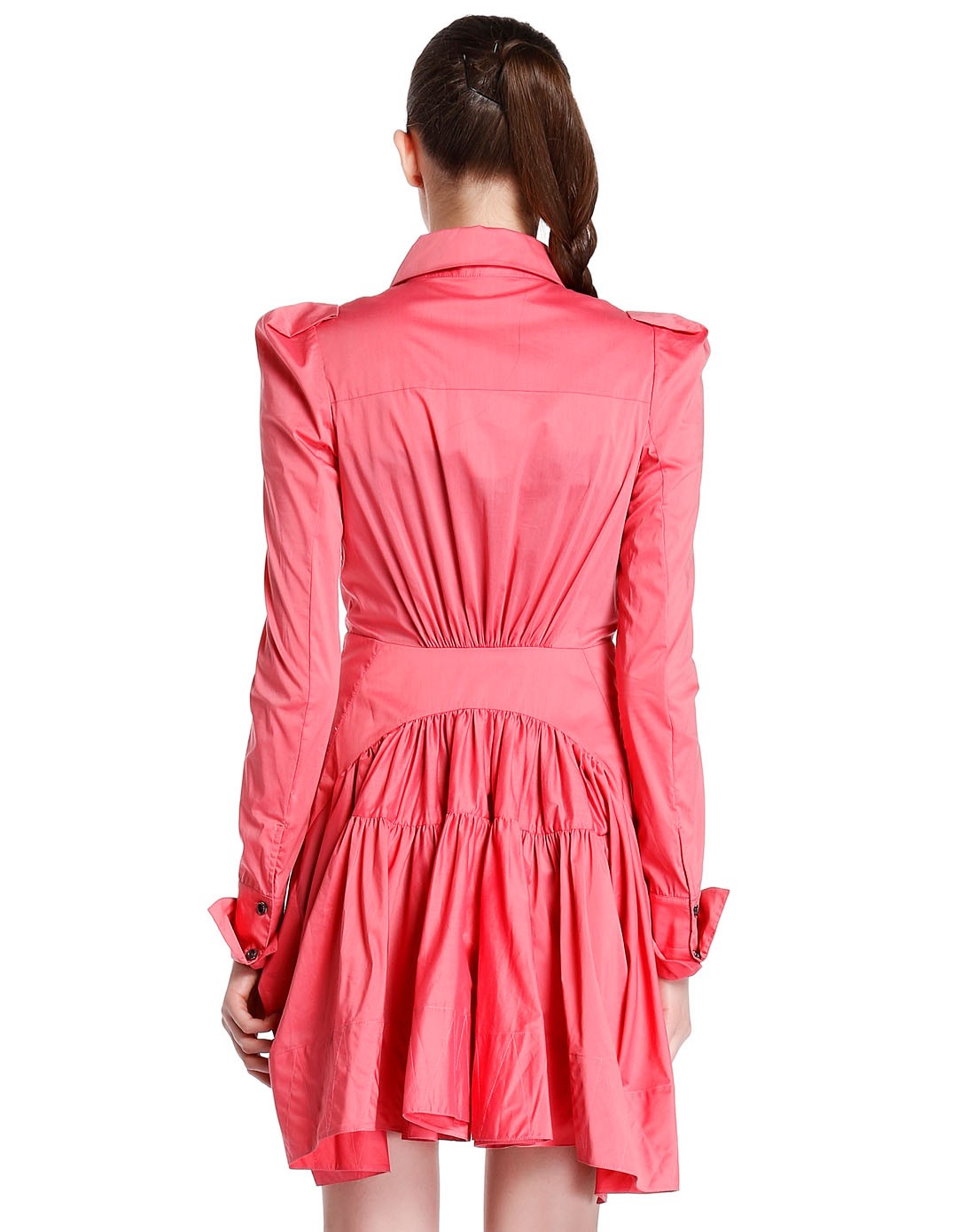 洋红色翻领通勤素雅长袖长款上衣