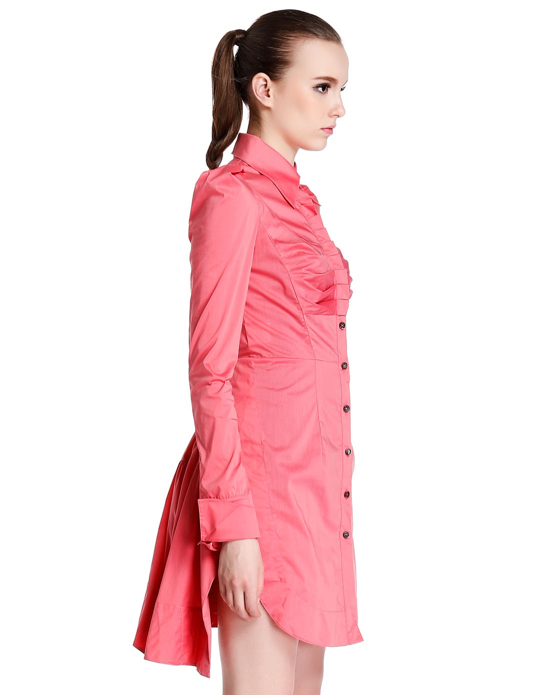 洋红色翻领通勤素雅长袖长款上衣