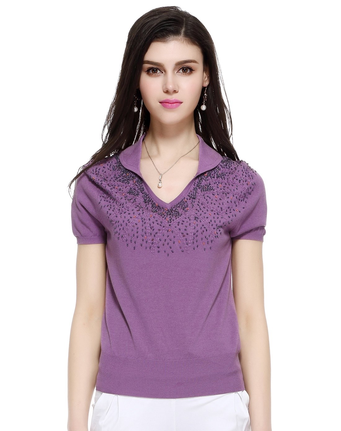 藕荷色短袖毛衫