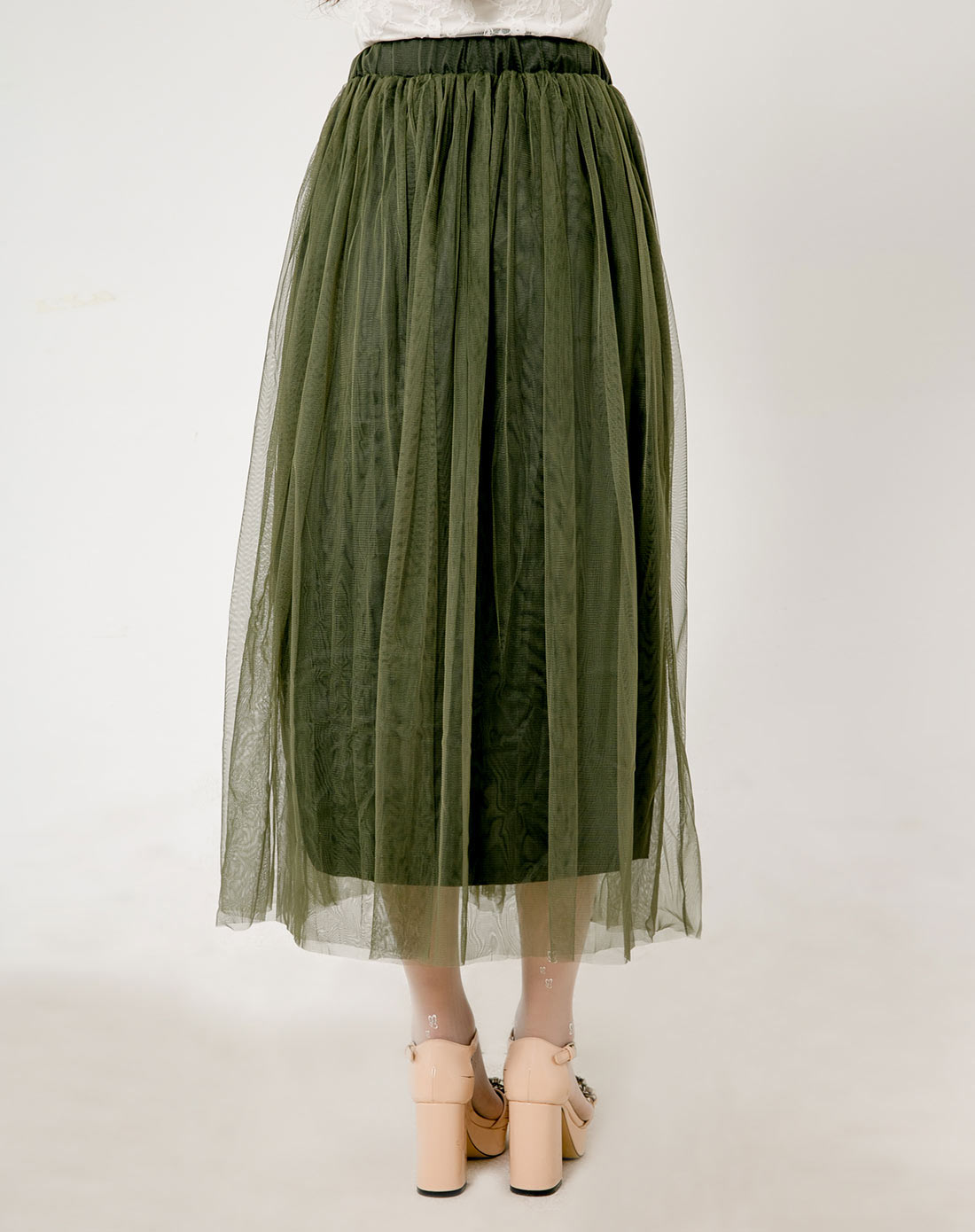 军绿色简约百搭网纱半身裙