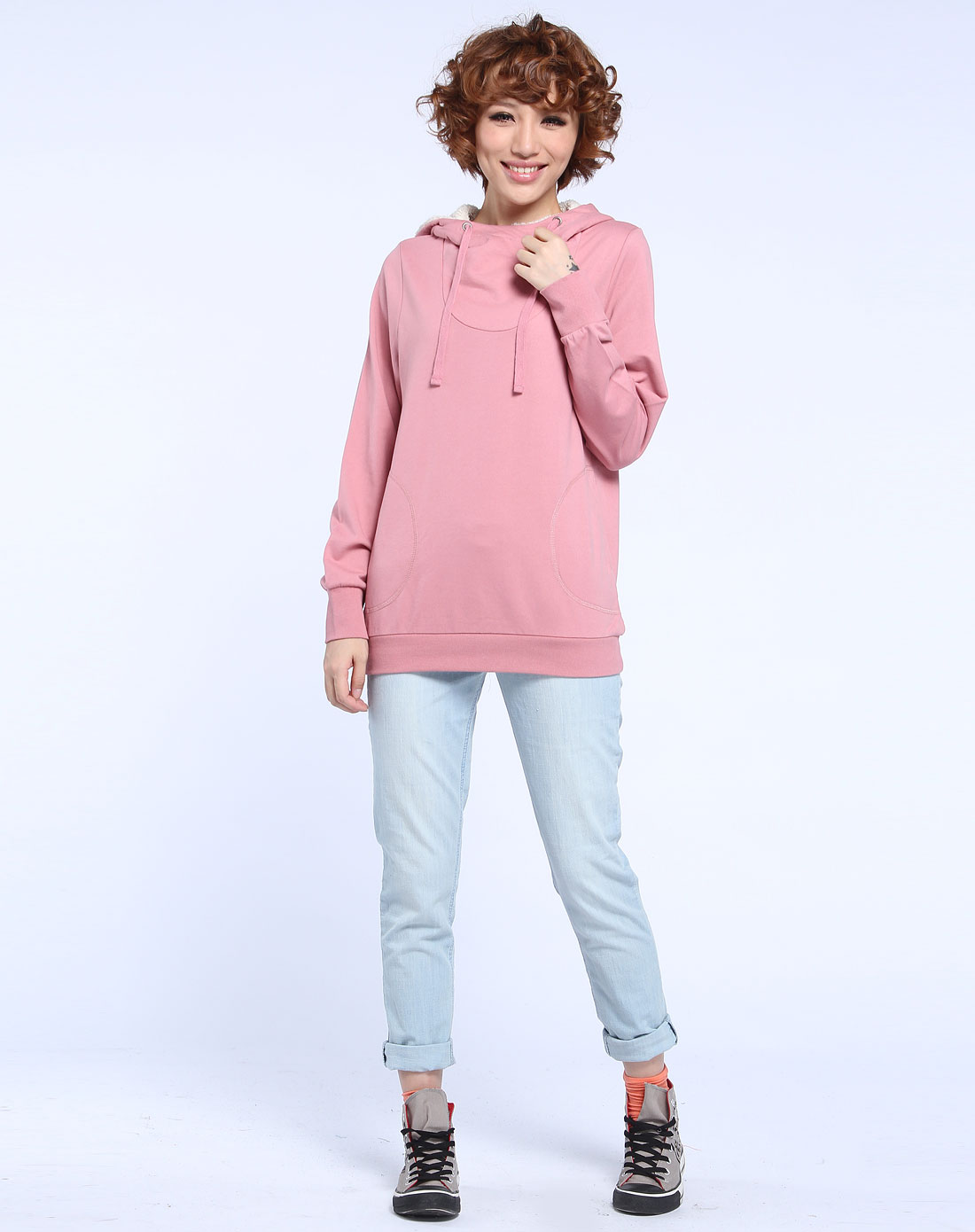 暗粉色休闲简约连帽长袖上衣