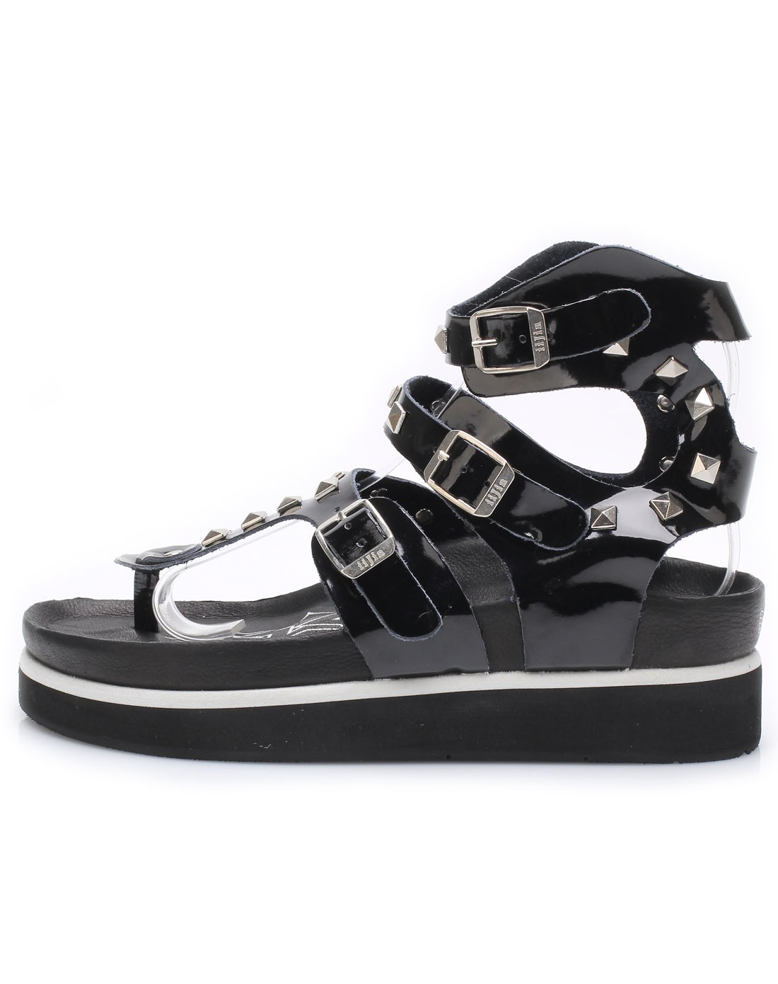 黑色光皮银色窝钉高帮人字凉鞋