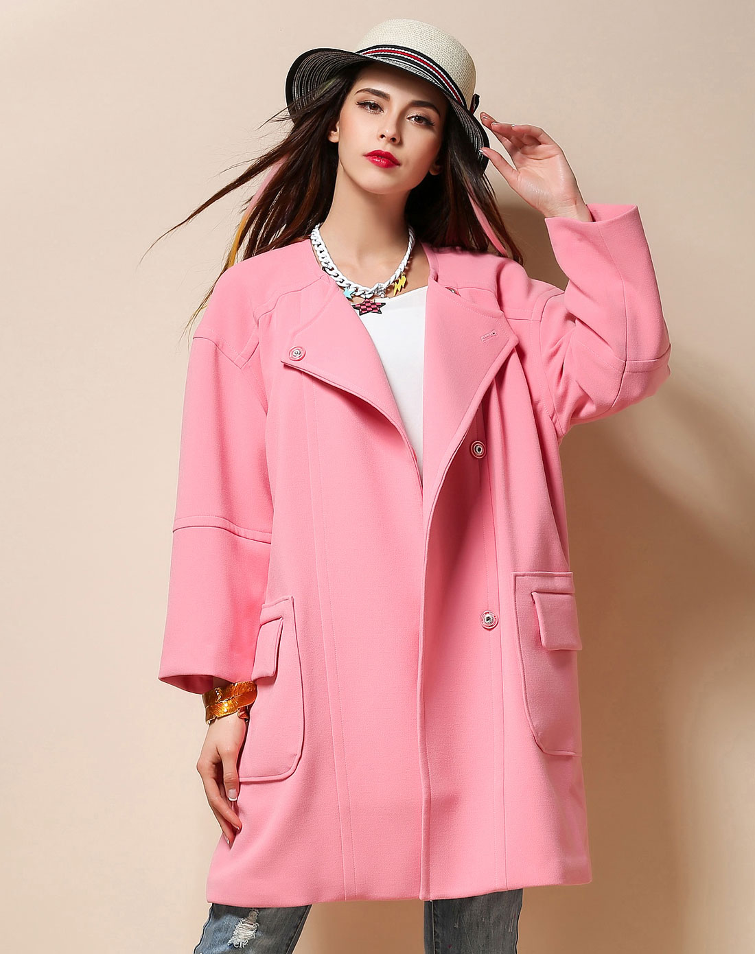 桃红色九分袖中长款外套