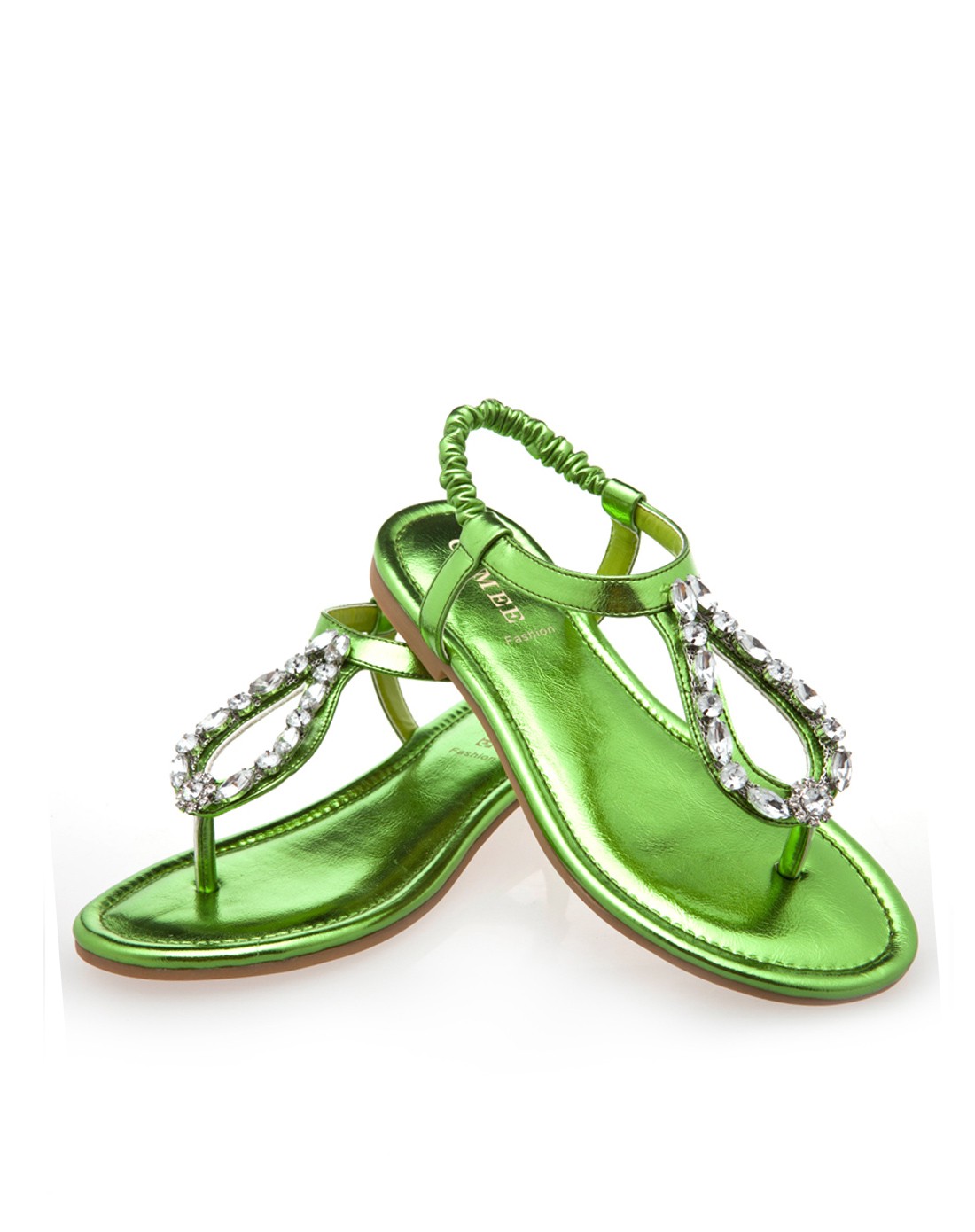 夏款绿色水钻夹脚平底凉鞋