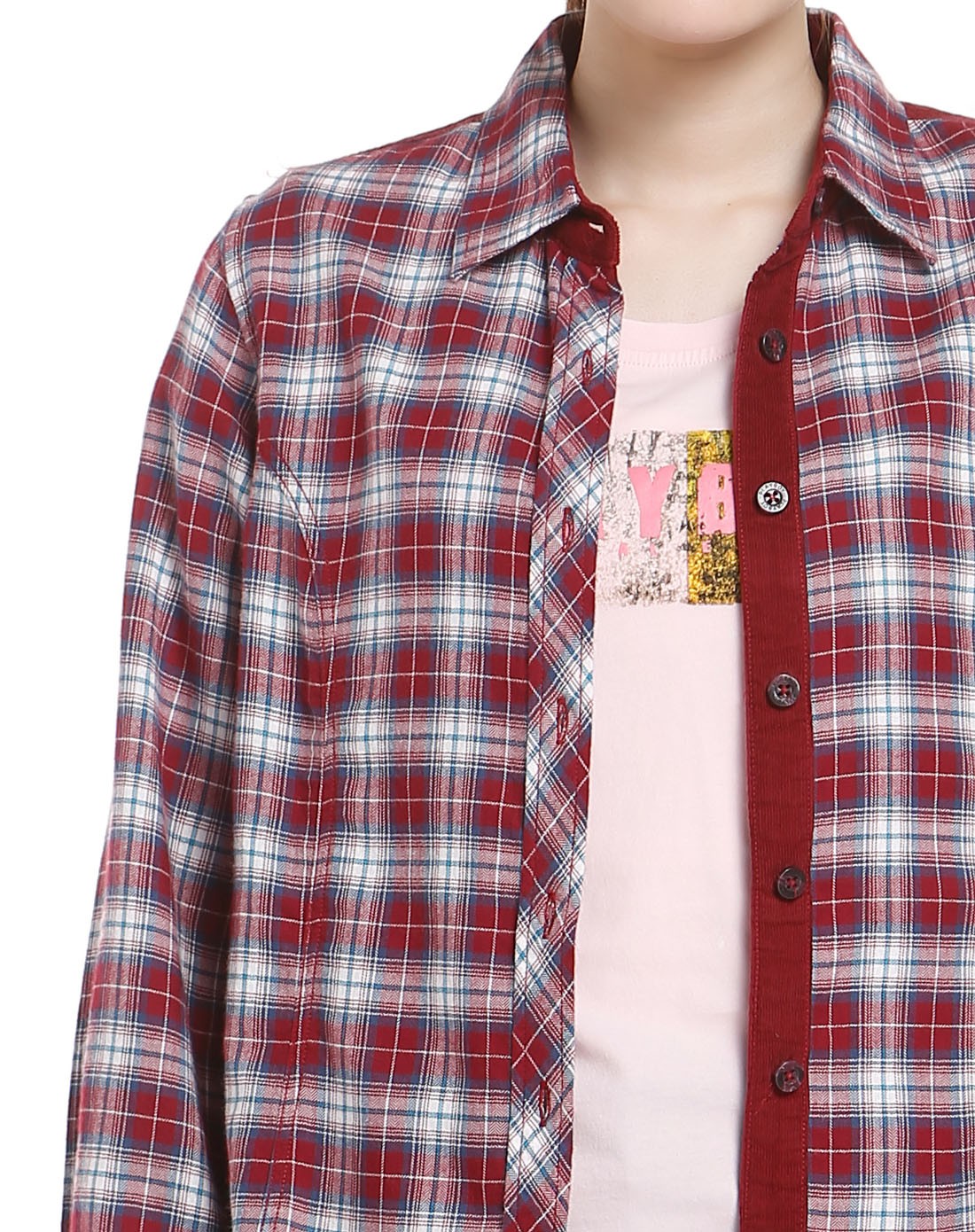 女款酒红色格子衬衫