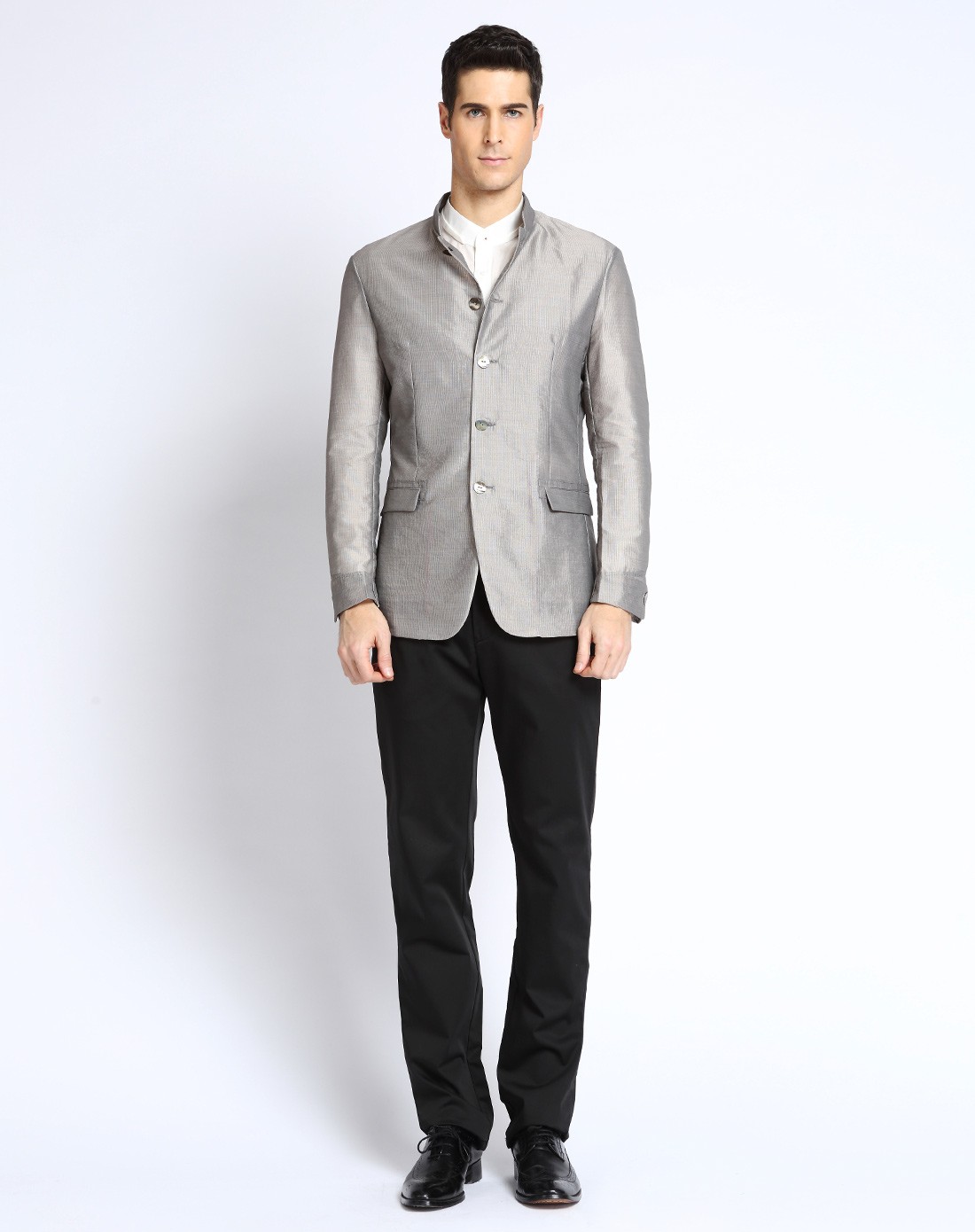 驼灰色立领中山装式气质外套