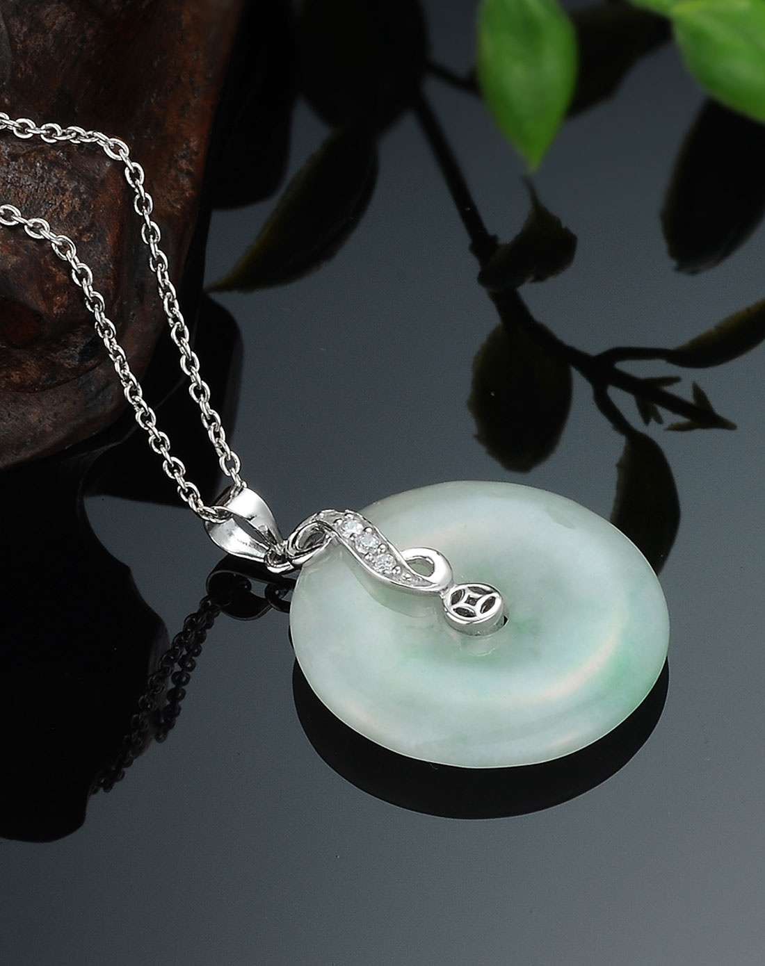 925银镶天然翡翠a货平安扣吊坠-财源滚滚(赠银链附证书)