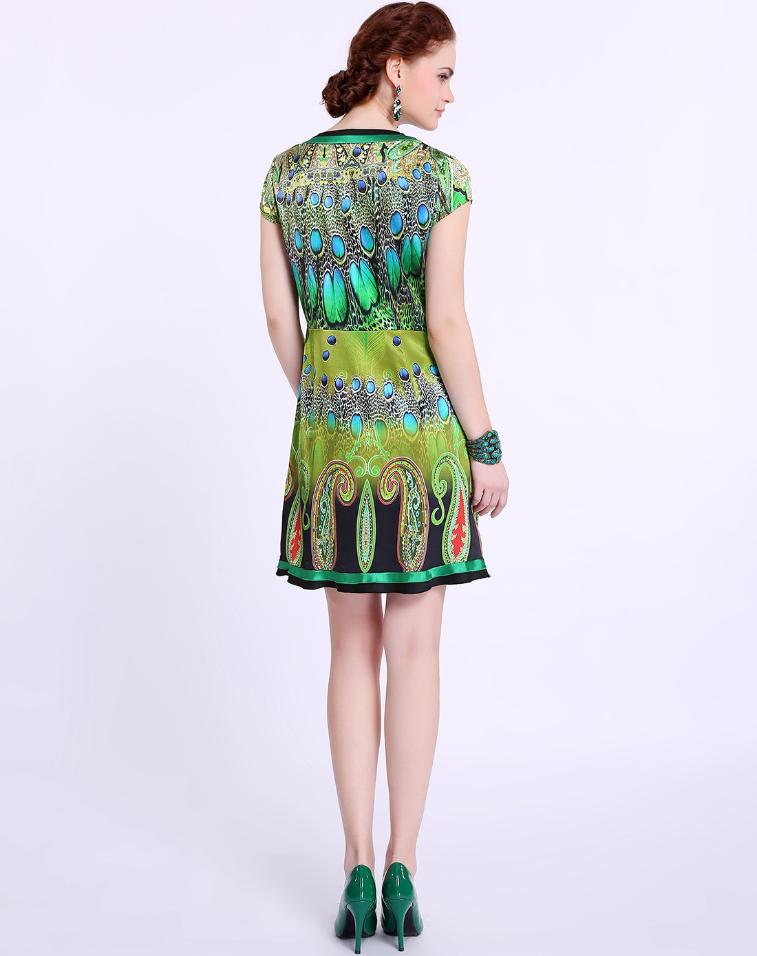 孔雀绿圆领真丝连衣裙