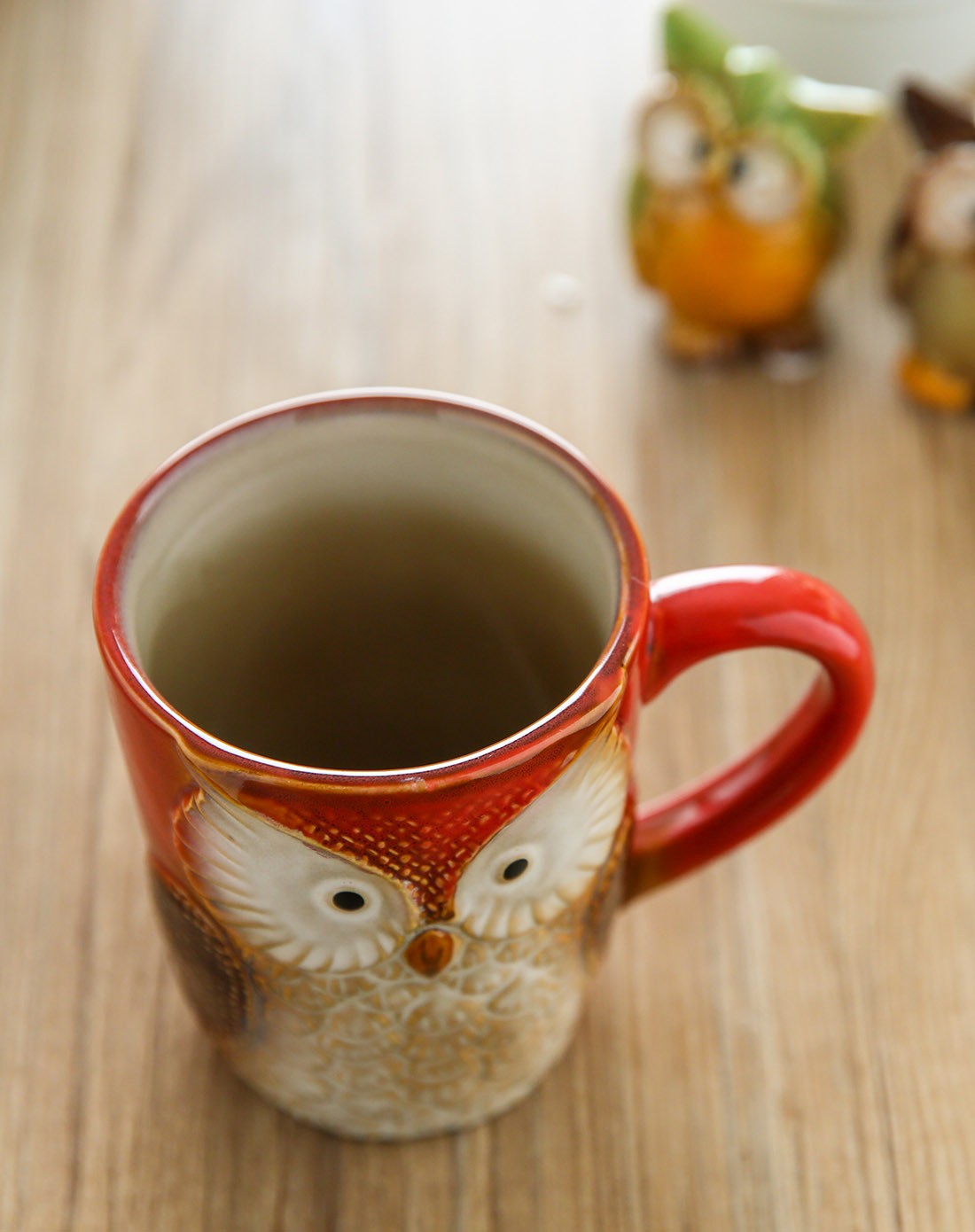 欧式纯手工浅浮雕猫头鹰陶瓷杯-枫叶红