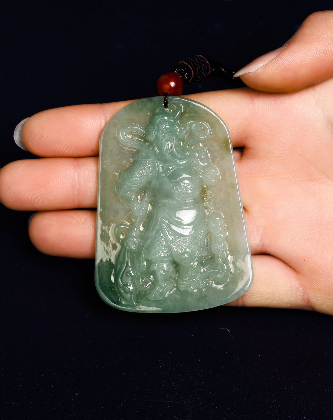 a货糯种翡翠辟邪招财关公翡翠挂件(附国检证书)