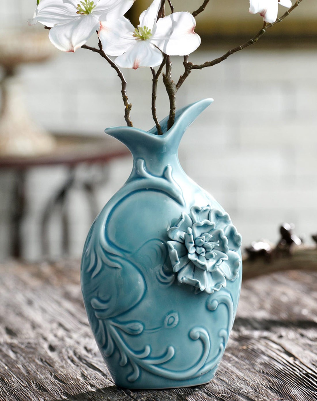 > 25*16cm欧式陶瓷浮雕手绘艺术花瓶-百鸟朝凤(蓝色)