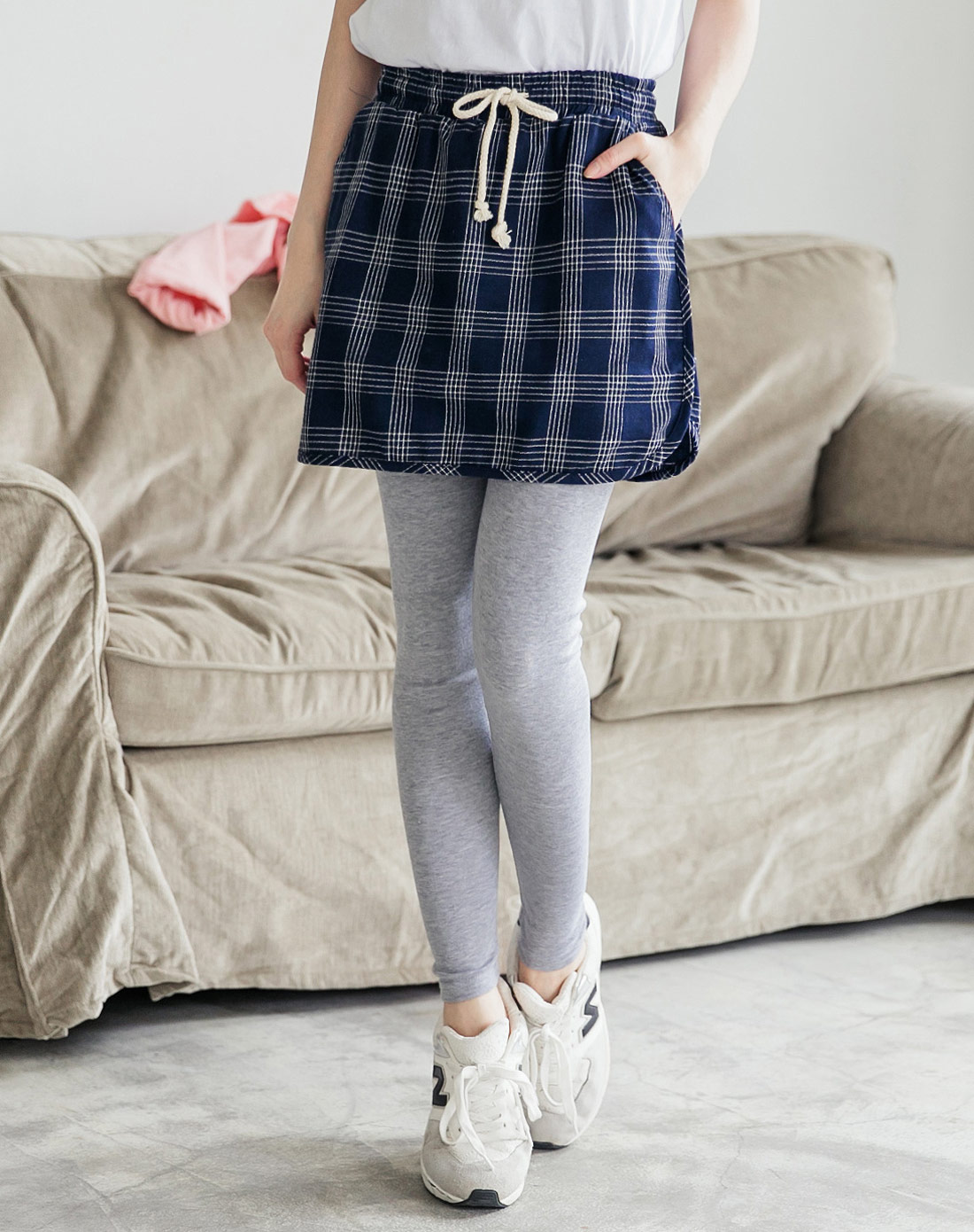 绑带束腰格纹假两件内搭裤