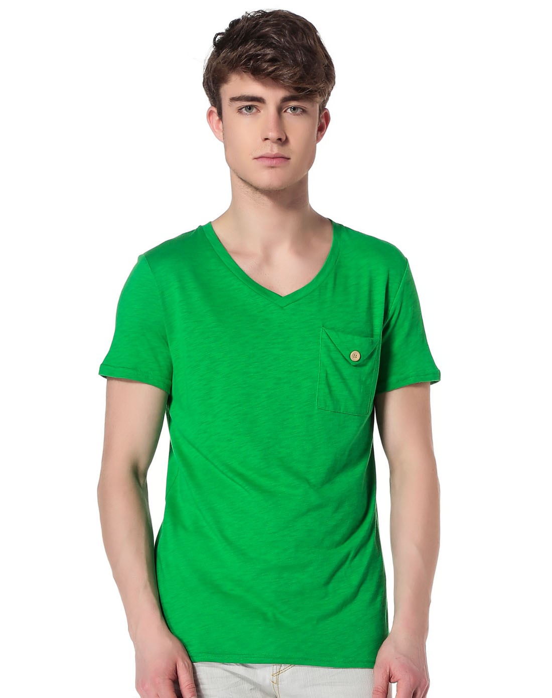 男款绿色时尚v领单口袋短袖t恤