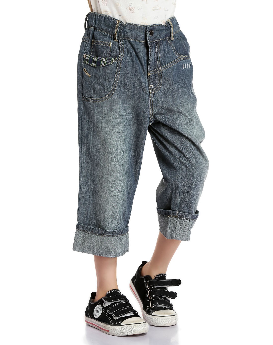 男童深蓝色翻布牛仔六分裤