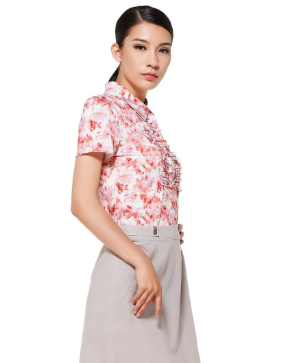 依瑶elina crateur女装专场 衬衫领印花彩色短袖针织上衣