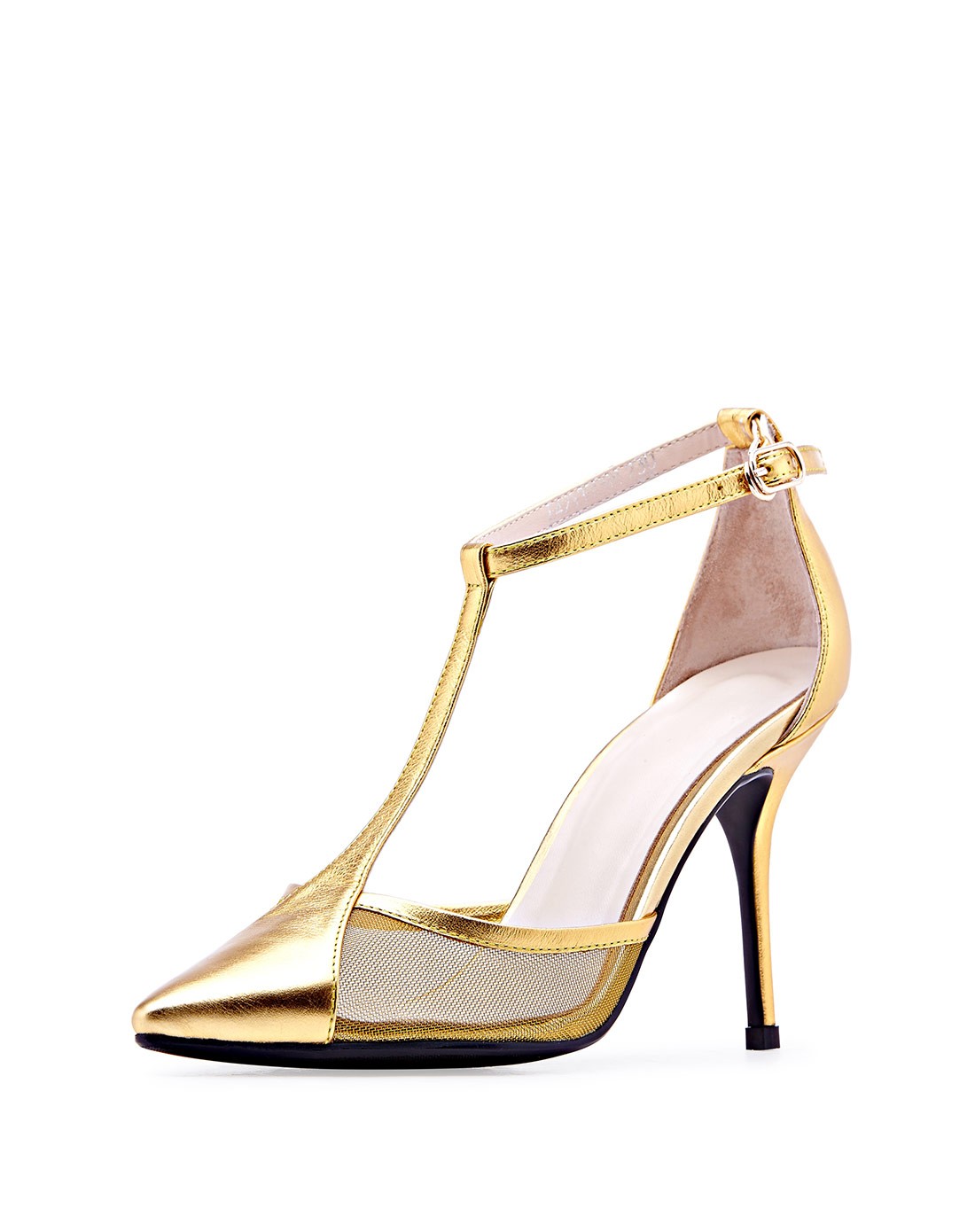 金黄色时尚尖头高跟真皮凉鞋