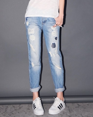 othercrazy浅蓝 做旧磨白铆钉直筒低腰牛仔裤