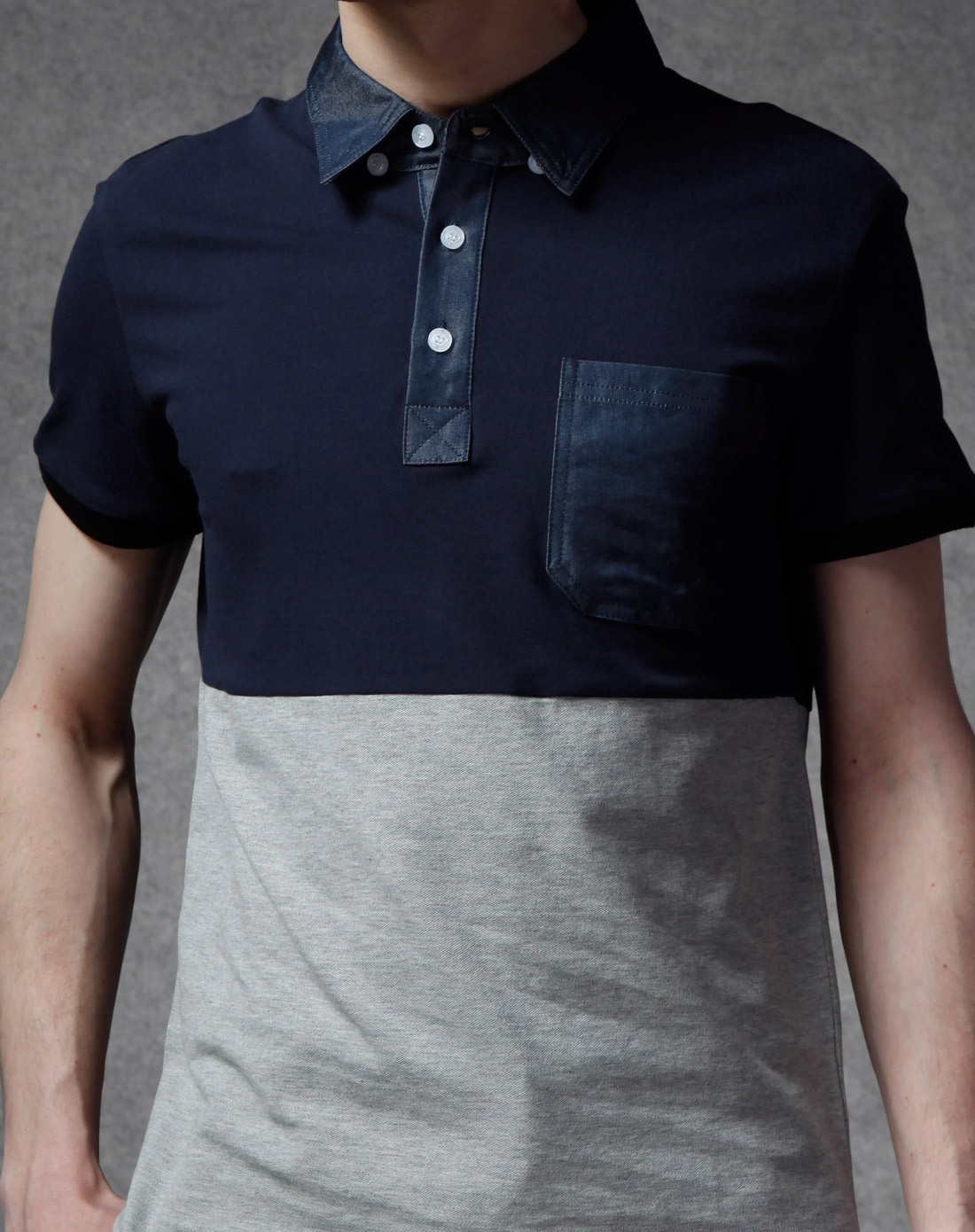 蓝色撞灰色英伦时尚拼接衬衫领短袖t恤