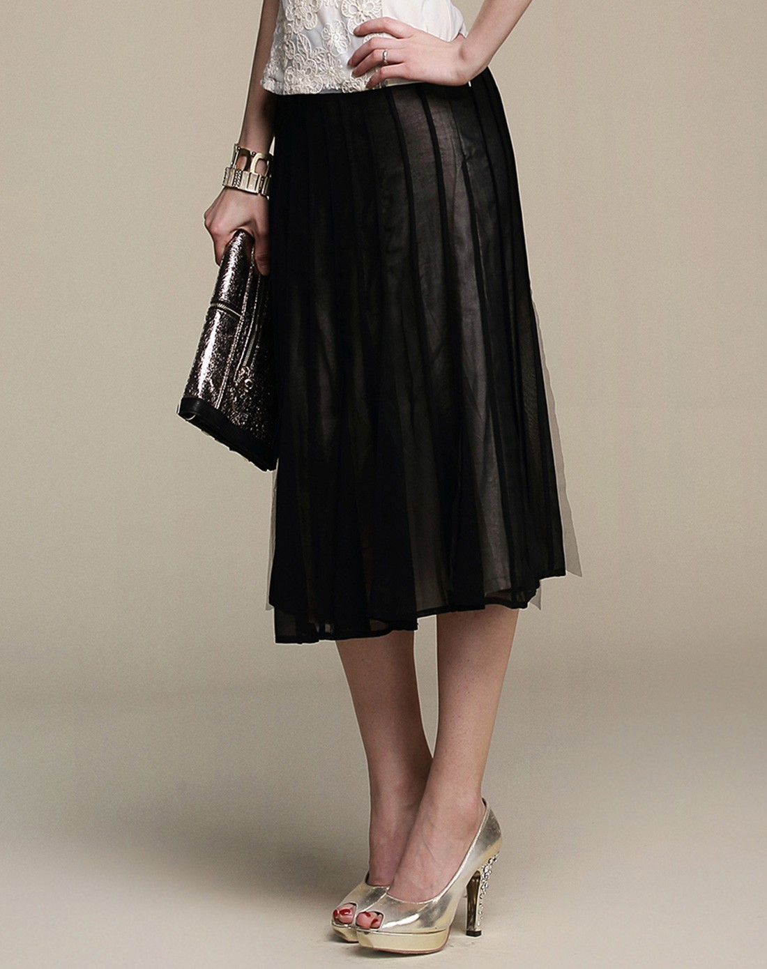 黑色优雅蕾丝百褶半身裙