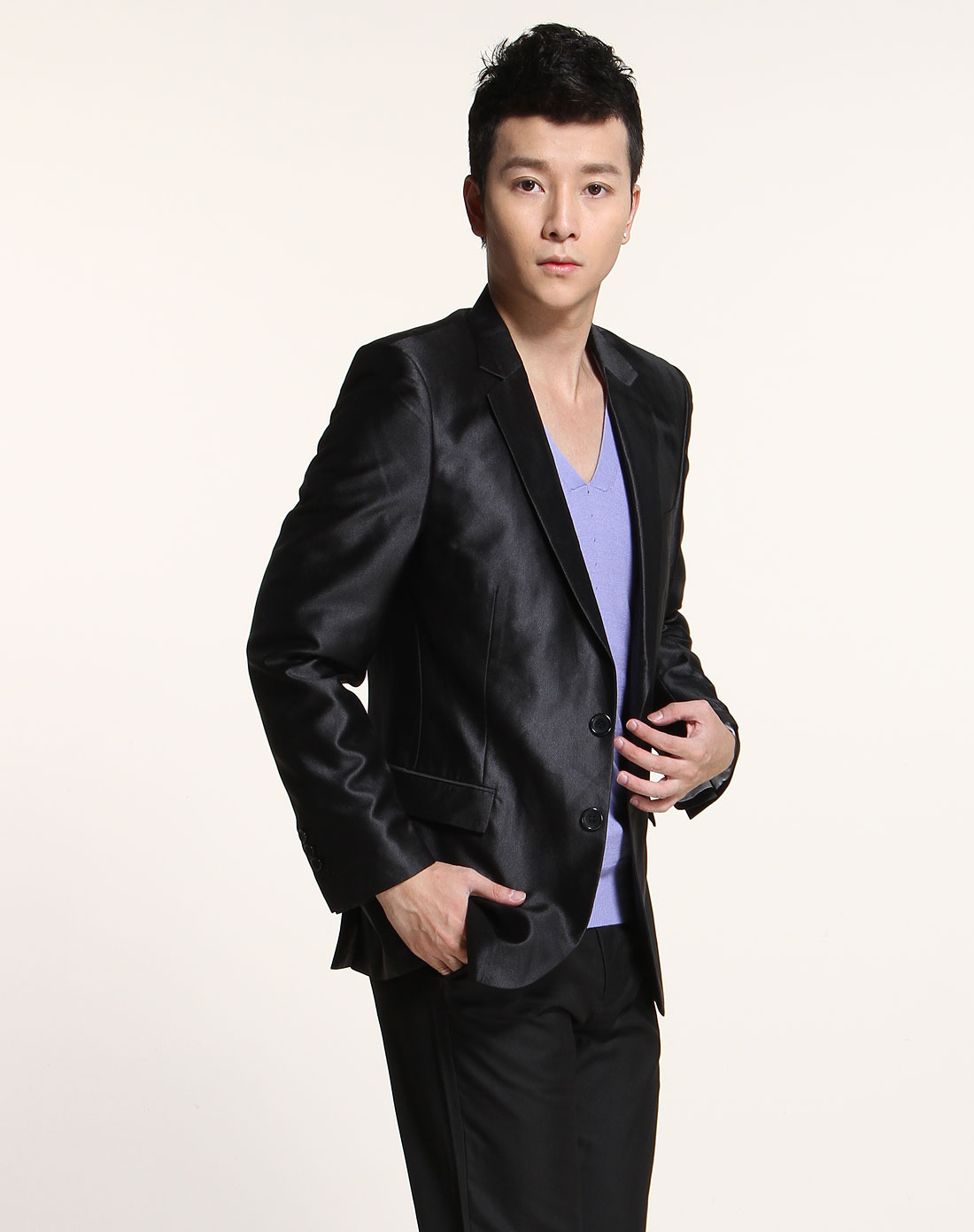 owenwong男装专场-亮黑色百搭驳折拼长袖西装