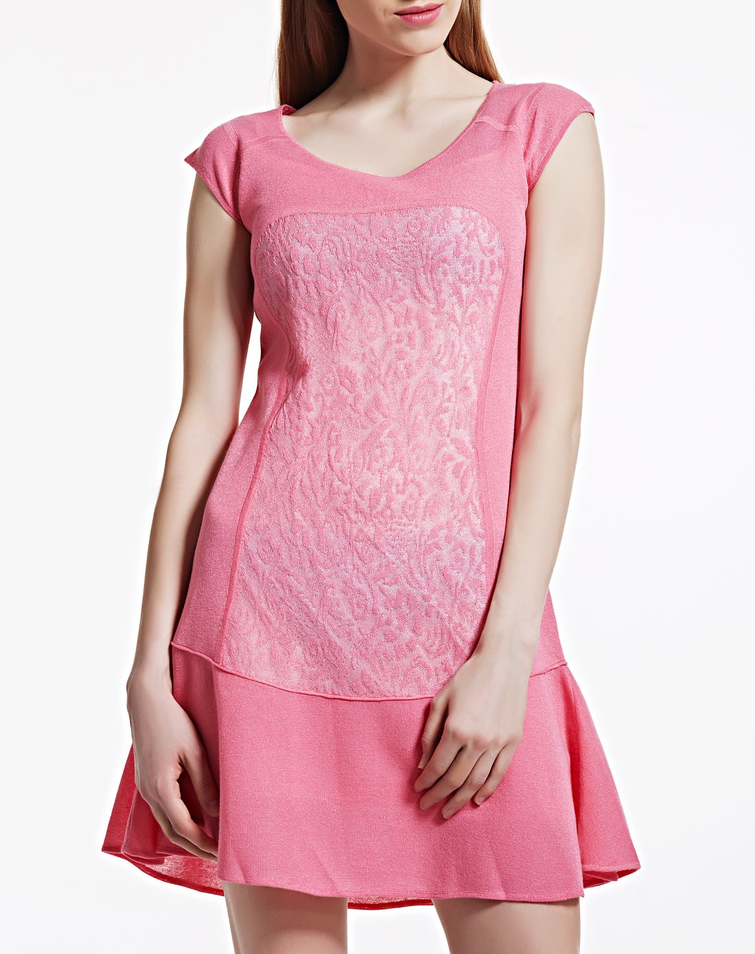 浅玫红色休闲百搭盖肩袖连衣裙