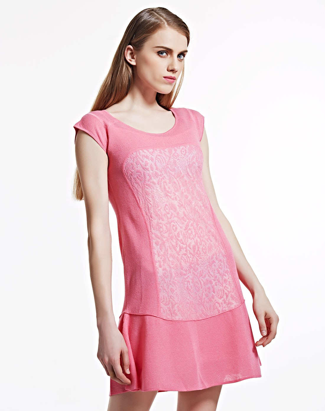 浅玫红色休闲百搭盖肩袖连衣裙