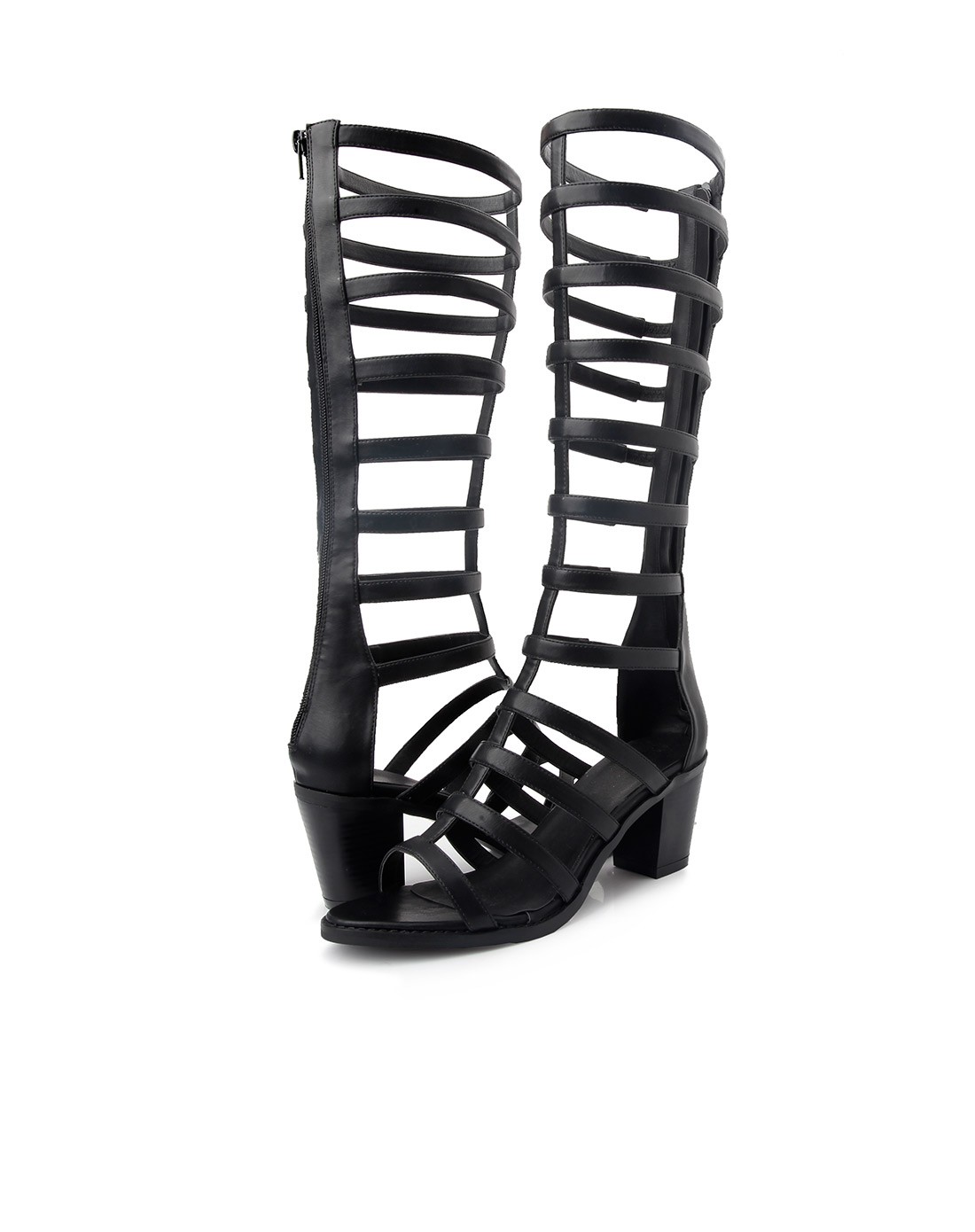 女款黑色镂空拉链罗马靴