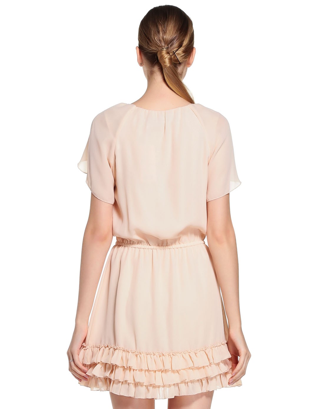 粉杏色优雅大方短袖连衣裙