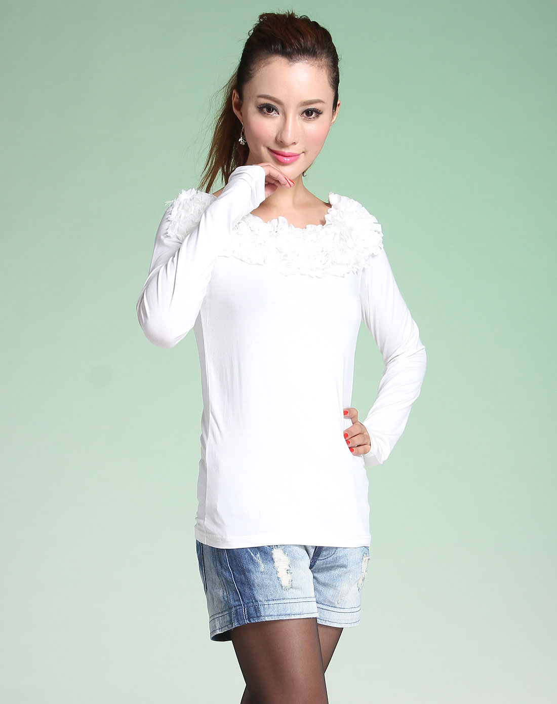 飘蕾peoleo女装专场-白色花领长袖t恤