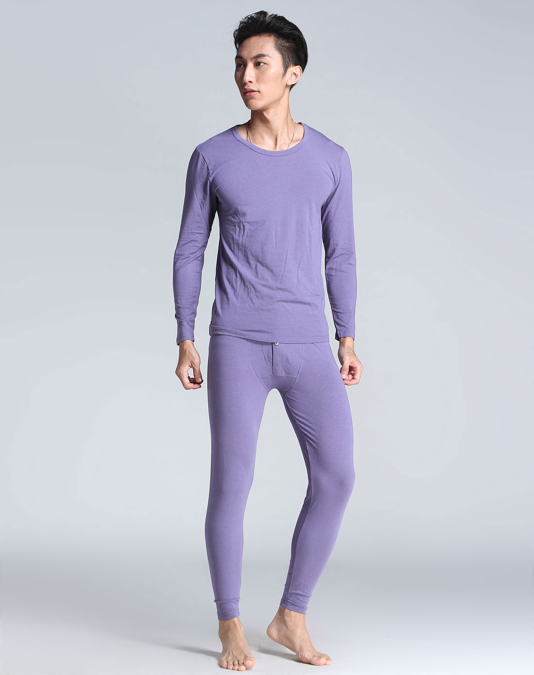 男款灰紫色简约长袖内衣套装