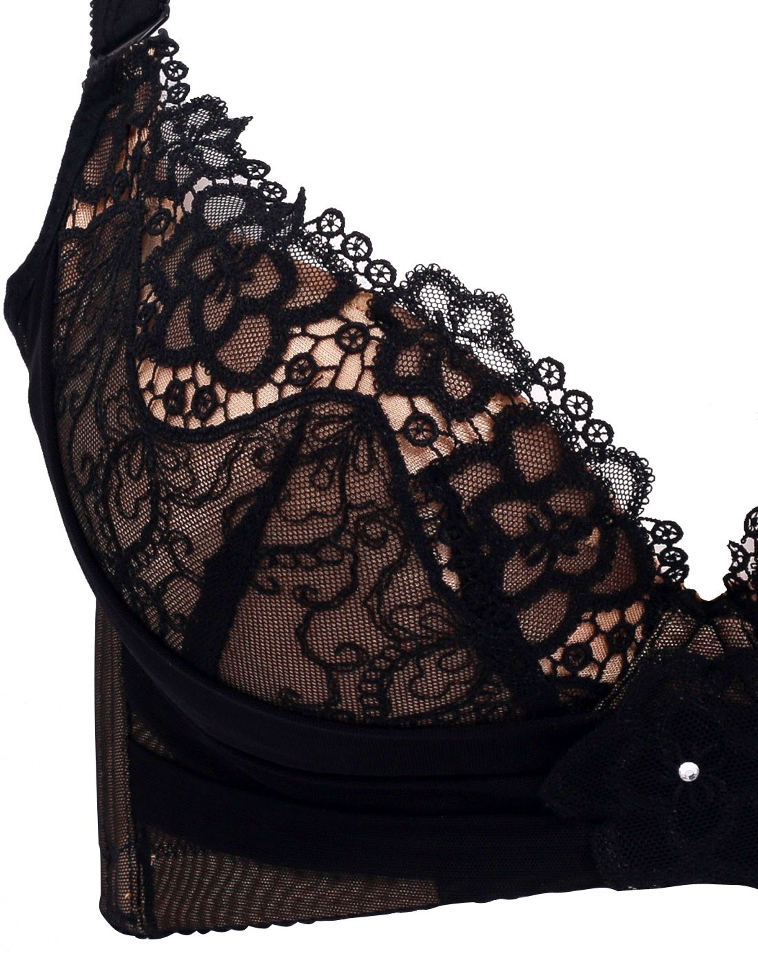 芊花月盈醇黑精致蕾丝绣花网纱舒适集中深v聚拢调整型文胸