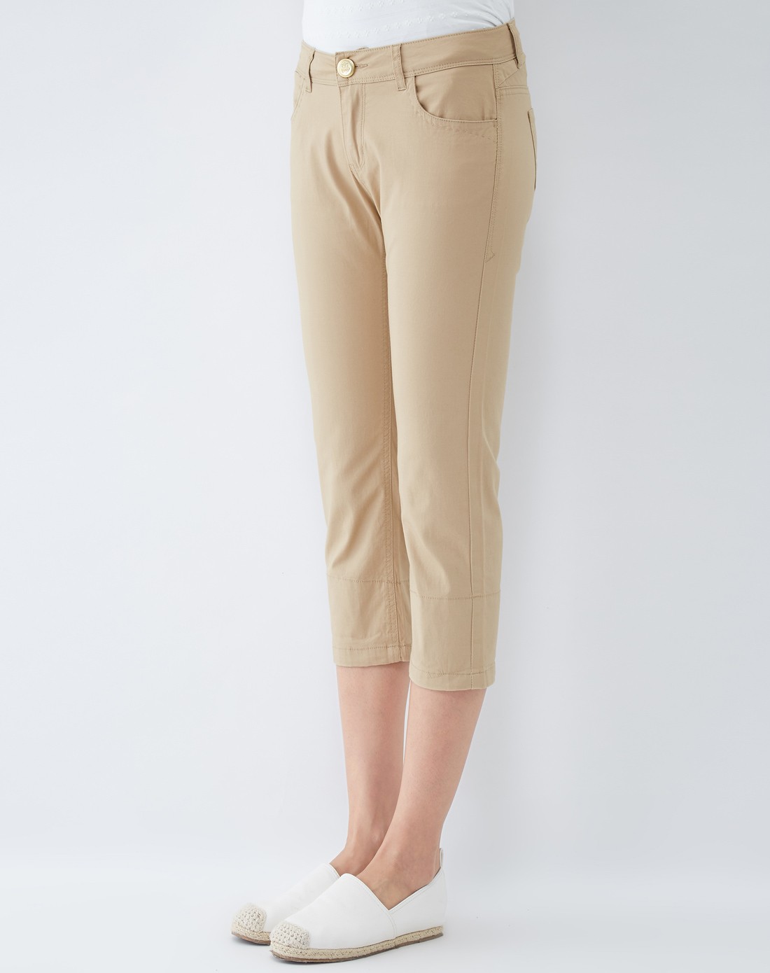 女款小麦色拼格子翻边七分裤