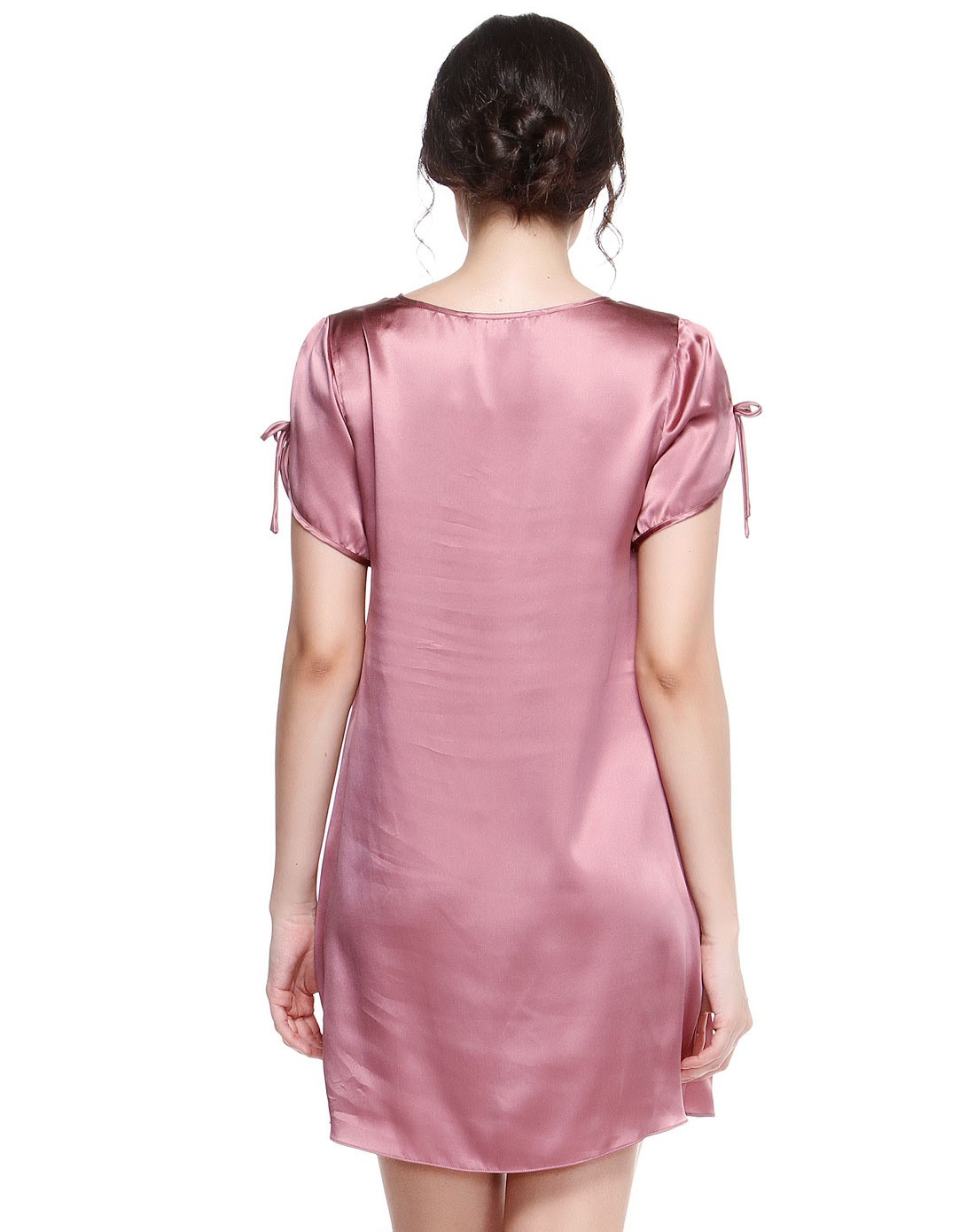 女款真丝经典优雅粉紫红色短袖睡裙