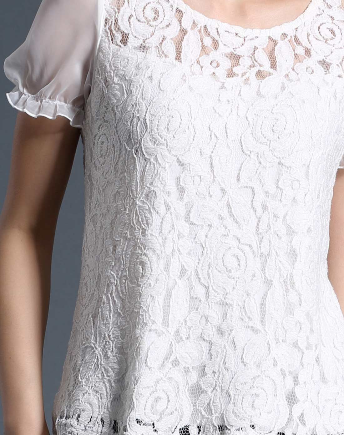 白色蕾丝提花拼接雪纺短袖上衣