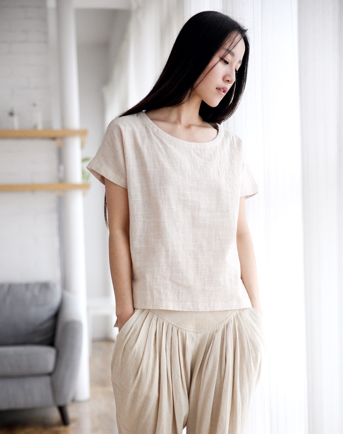 素缕souline 女士杏色文艺舒适t恤