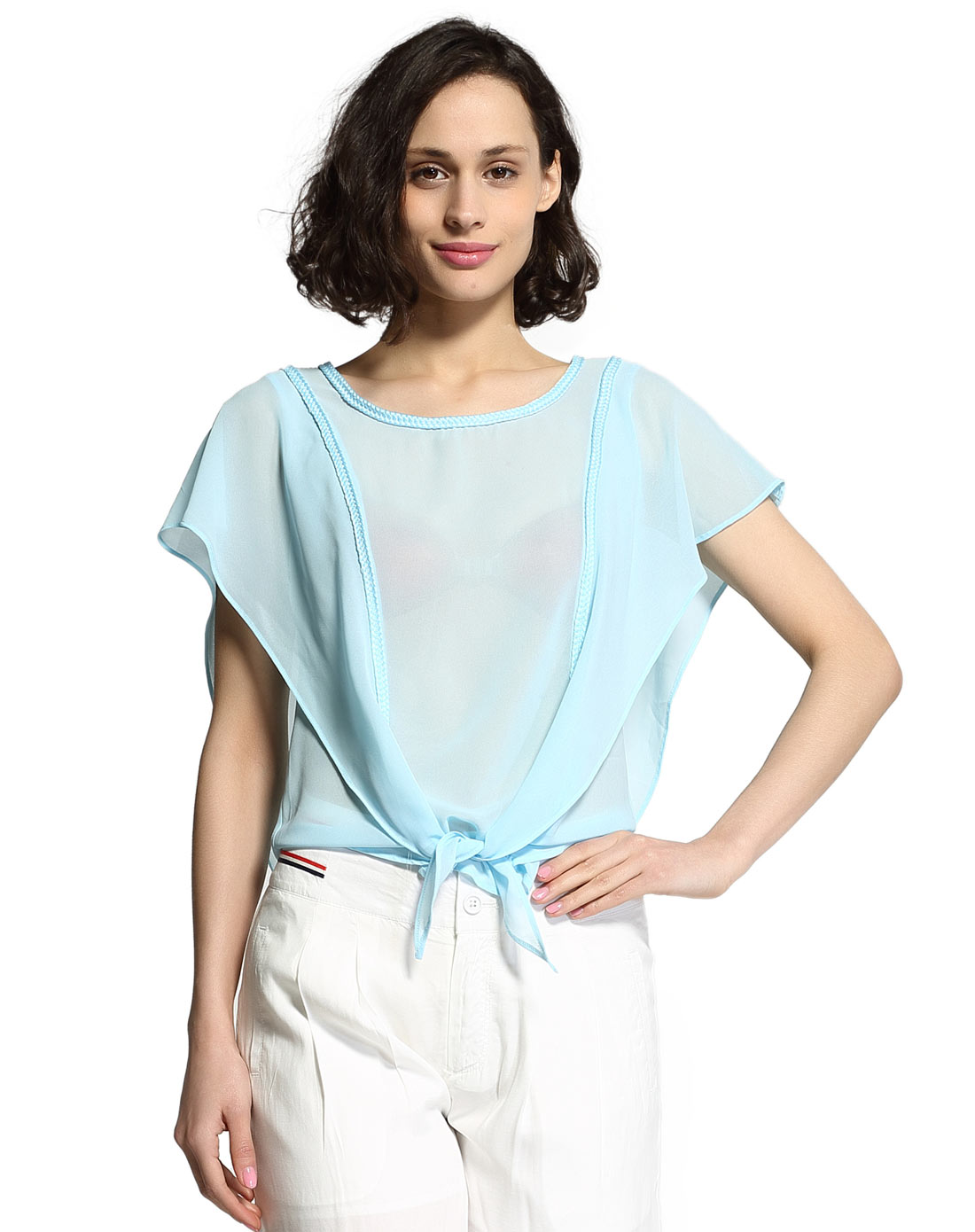 浅蓝色海军风蝴蝶袖雪纺衬衫