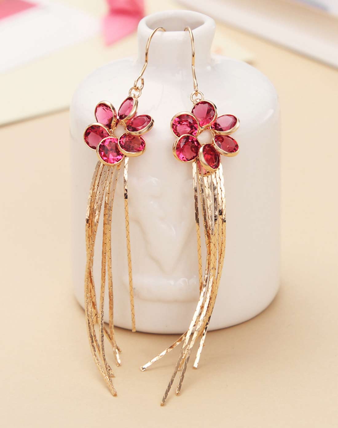 锆石花型流苏耳饰