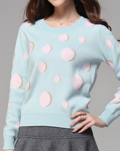 淡青色韩版修身波点圆领毛衣