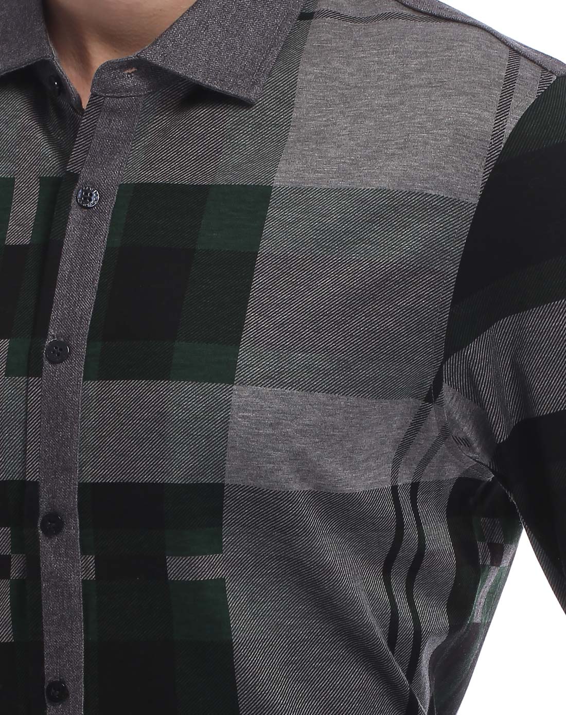 墨绿灰不规则印花格休闲长袖t恤