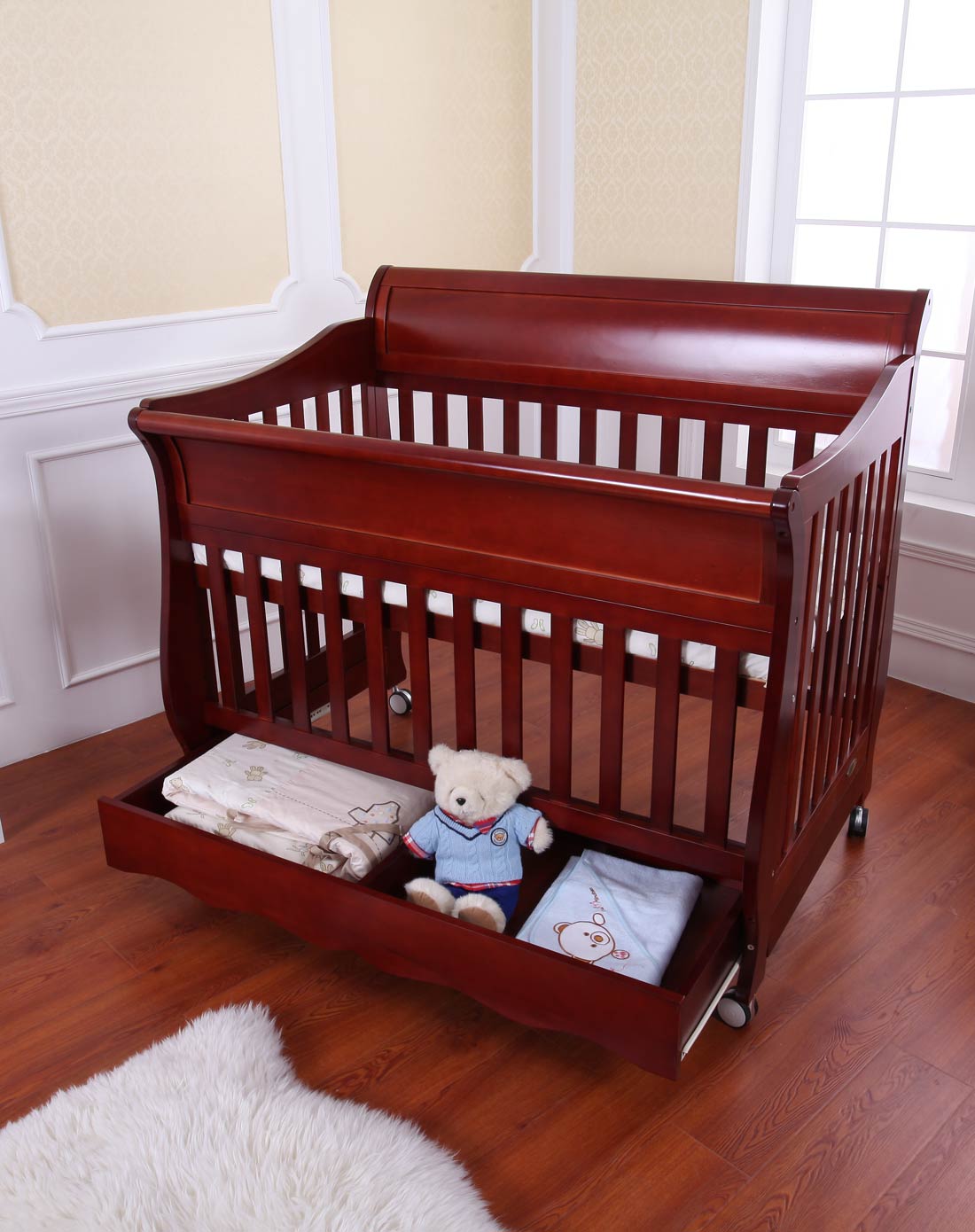 巴布豆欧式豪华多功能婴儿床027樱桃红全套套餐(含婴儿床樱桃红,变成
