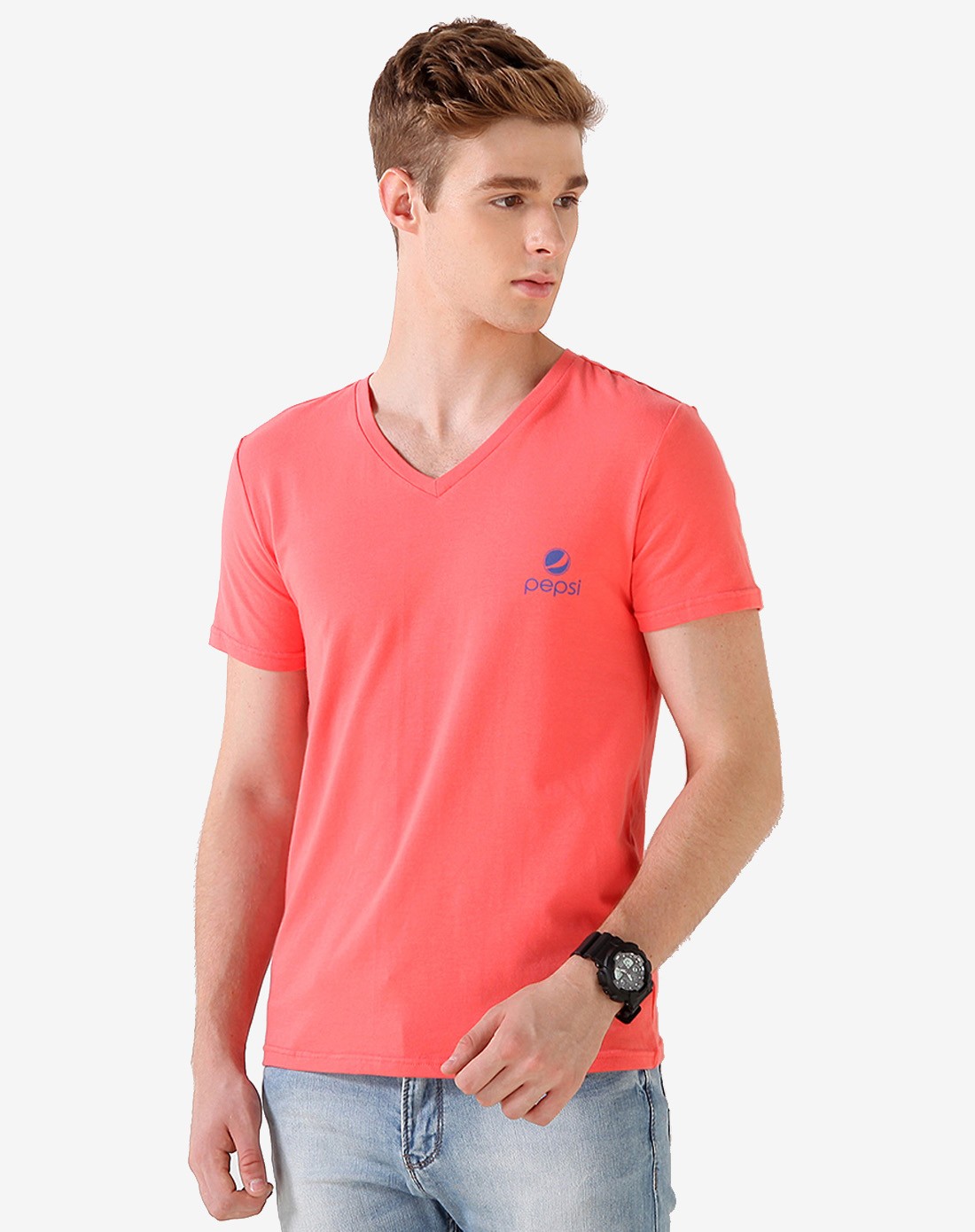 简约风格 男款西瓜红v领基础款t恤 短袖素色