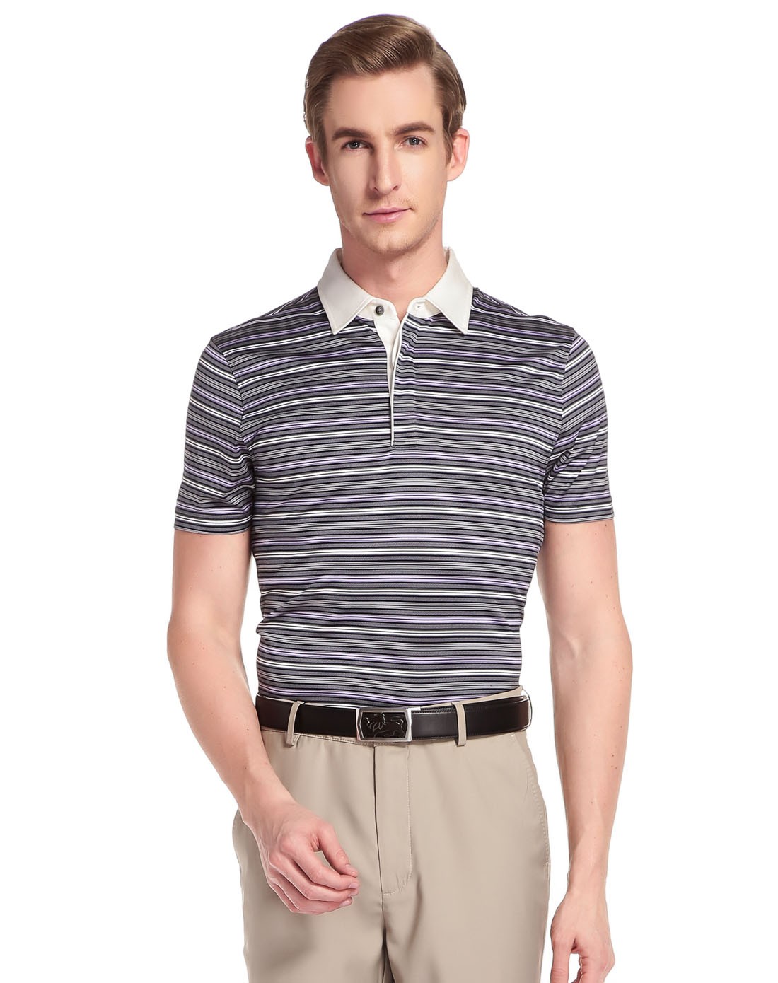 紫/灰色条纹时尚翻领短袖t恤