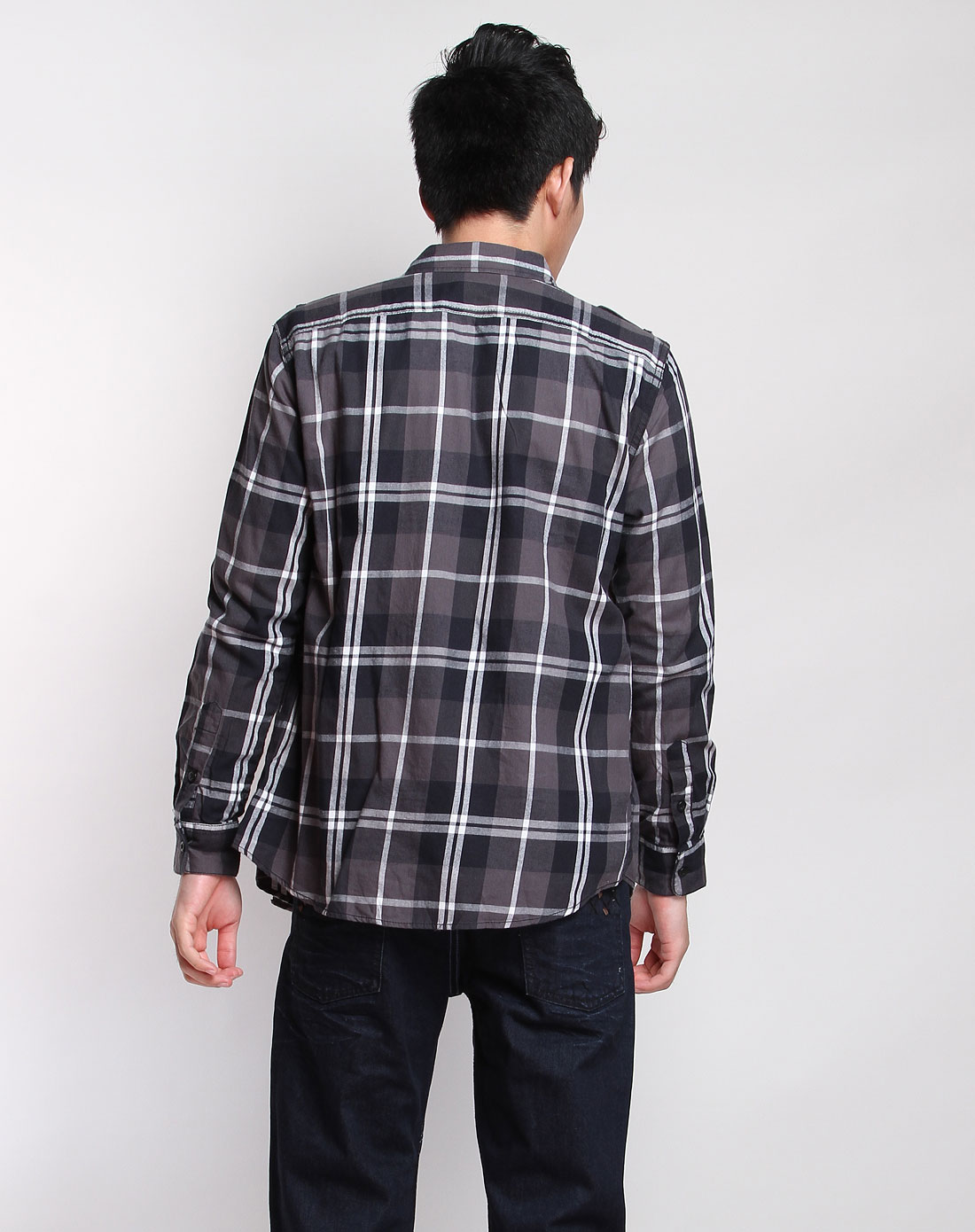 灰色大格子长袖衬衫