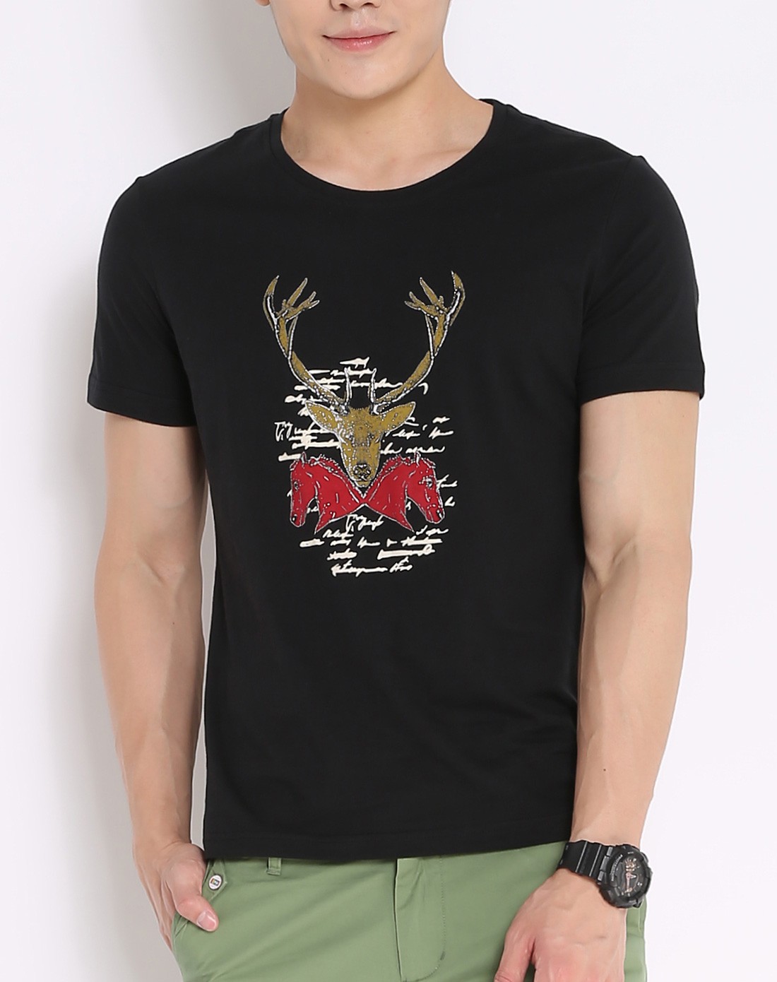 三福时尚男装移动端专场男款黑色鹿头圆领短袖t恤344436黑色_唯品会