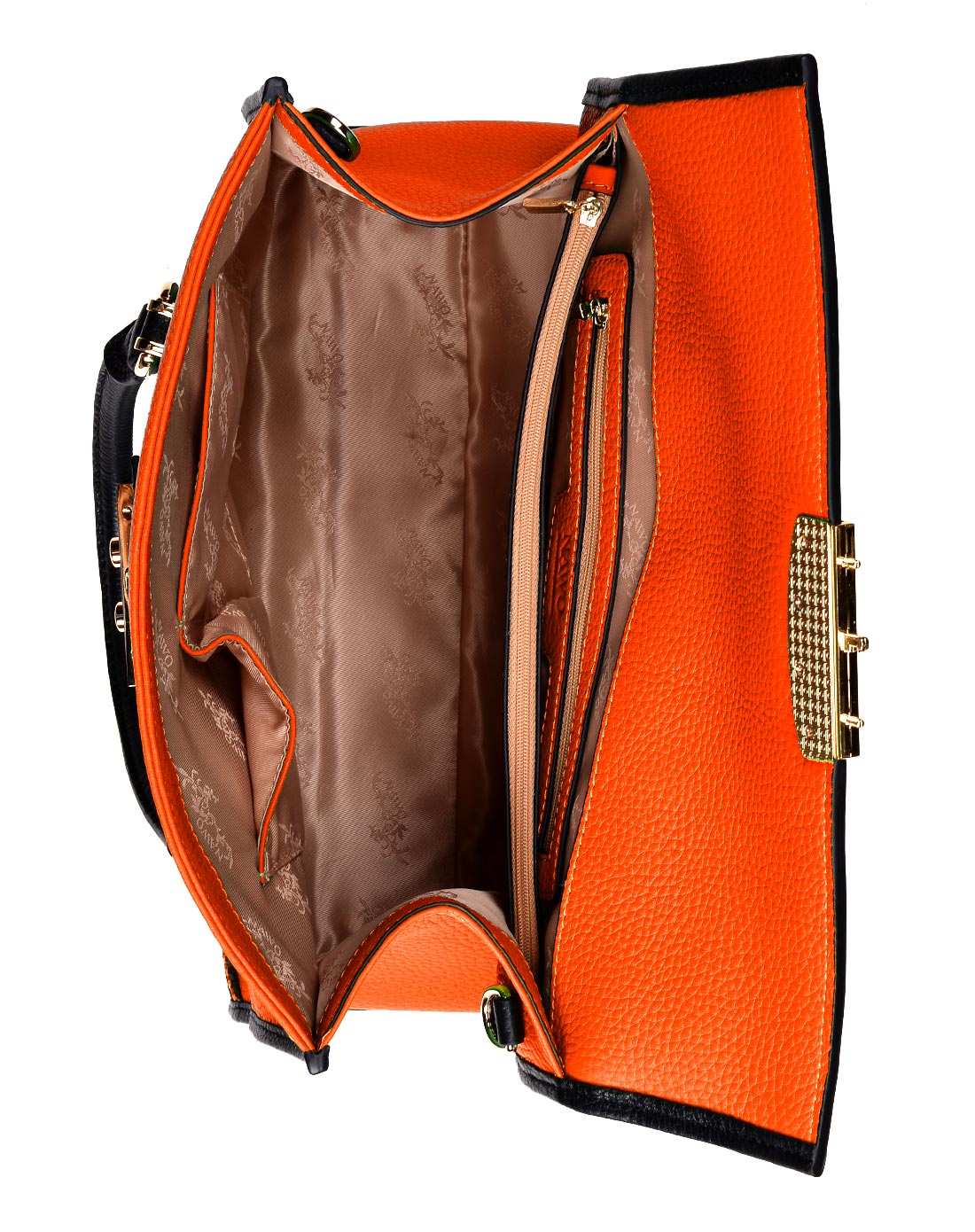 那沃nawo箱包男女混合专场 女款黑橙撞色高端皮蕾丝坚韧摔纹手提包